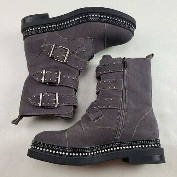 Vince Camuto Bobette Biker Boot Womens 9 Gray Suede Buckles Chunky Combat Stud - Picture 5 of 13